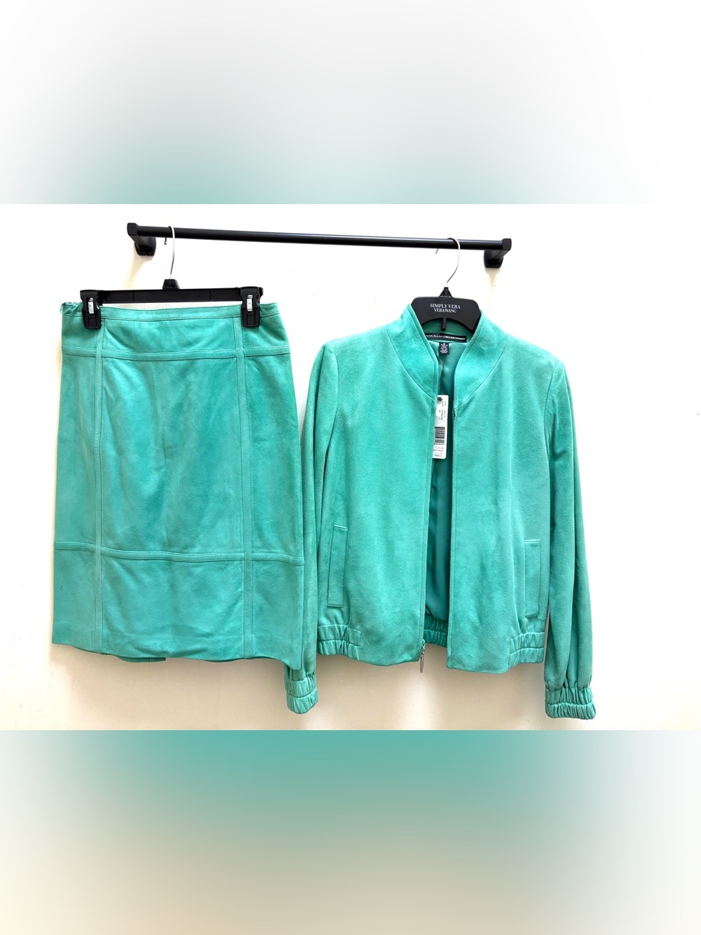 Linda Allard Ellen Tracy Turquoise Suede Bomber Jacket & Skirt -SZ  2 NEW W/ TAG